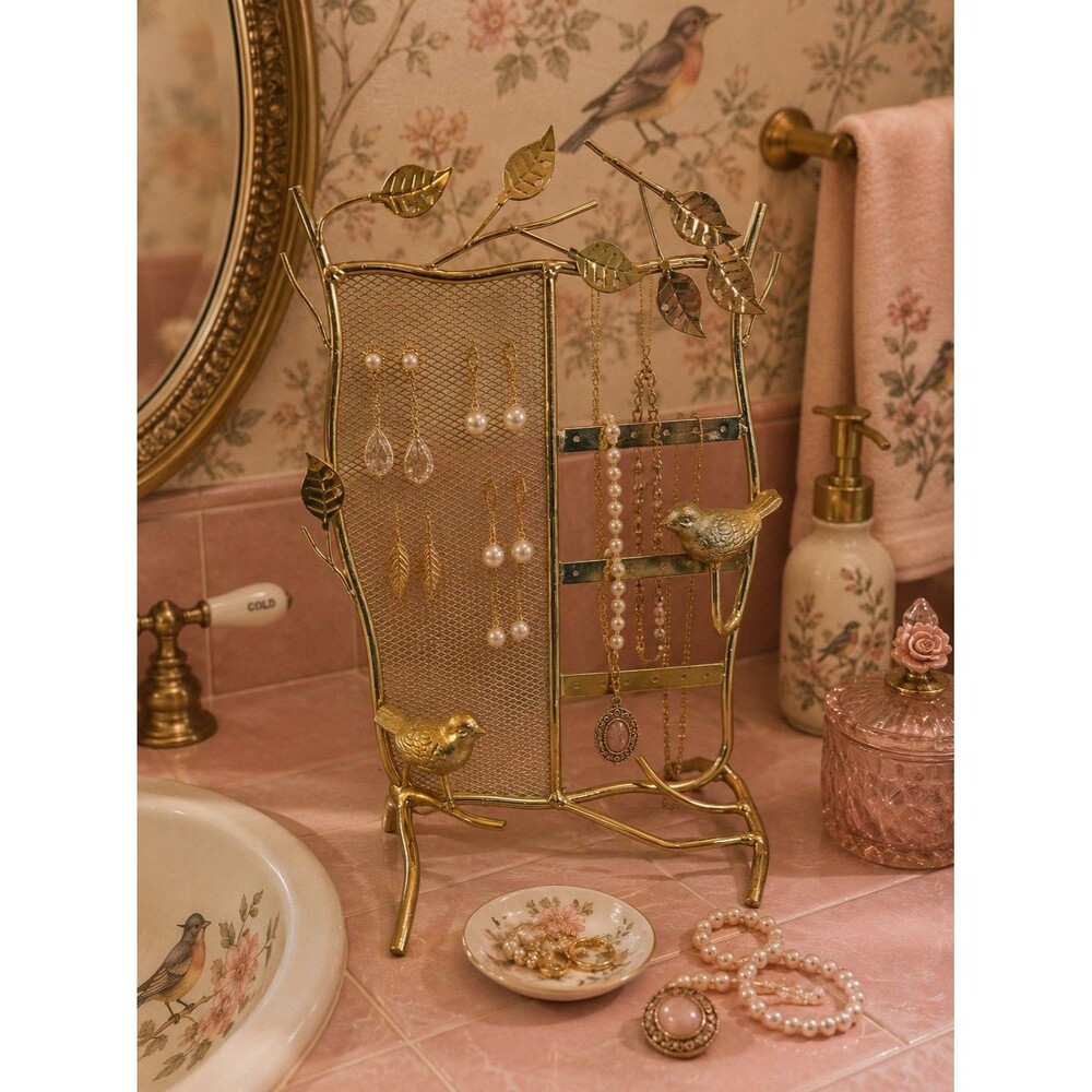 Bird Jewelry Organizer Stand Gold Tone Earring Holder Necklace Display Tree Rack
